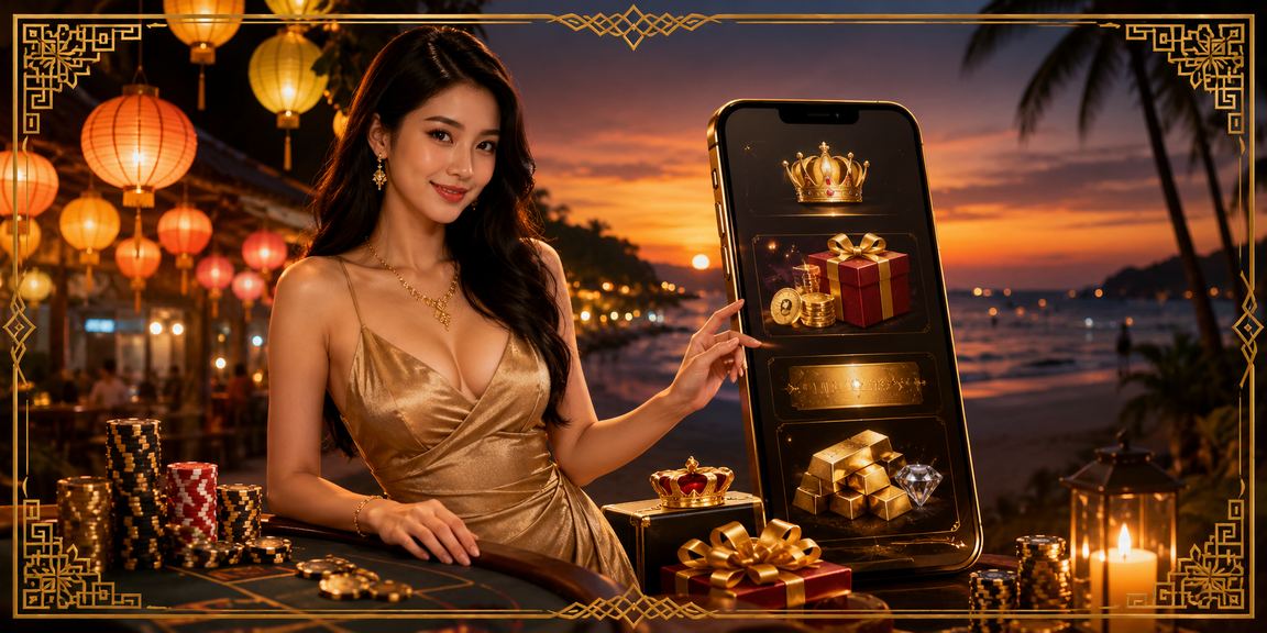Cảnh chợ đêm Phú Quốc với người dùng kiểm tra ưu đãi VIP và bonus trên điện thoại